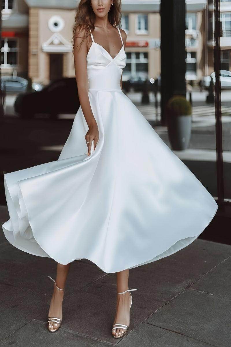 Satin Tea-Length Little White Dress with Pockets CW3379 - COCOMELODY
