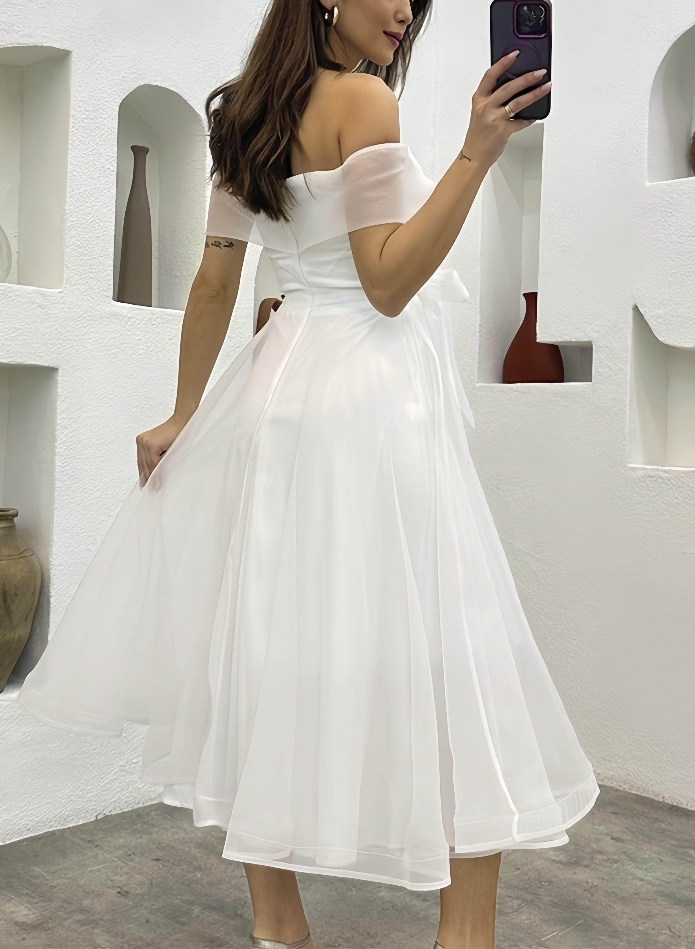 Off The Shoulder Tulle Tea-Length Little White Dress CW3380 - COCOMELODY