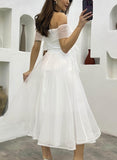 Off The Shoulder Tulle Tea-Length Little White Dress CW3380 - COCOMELODY
