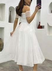 Off The Shoulder Tulle Tea-Length Little White Dress CW3380 - COCOMELODY