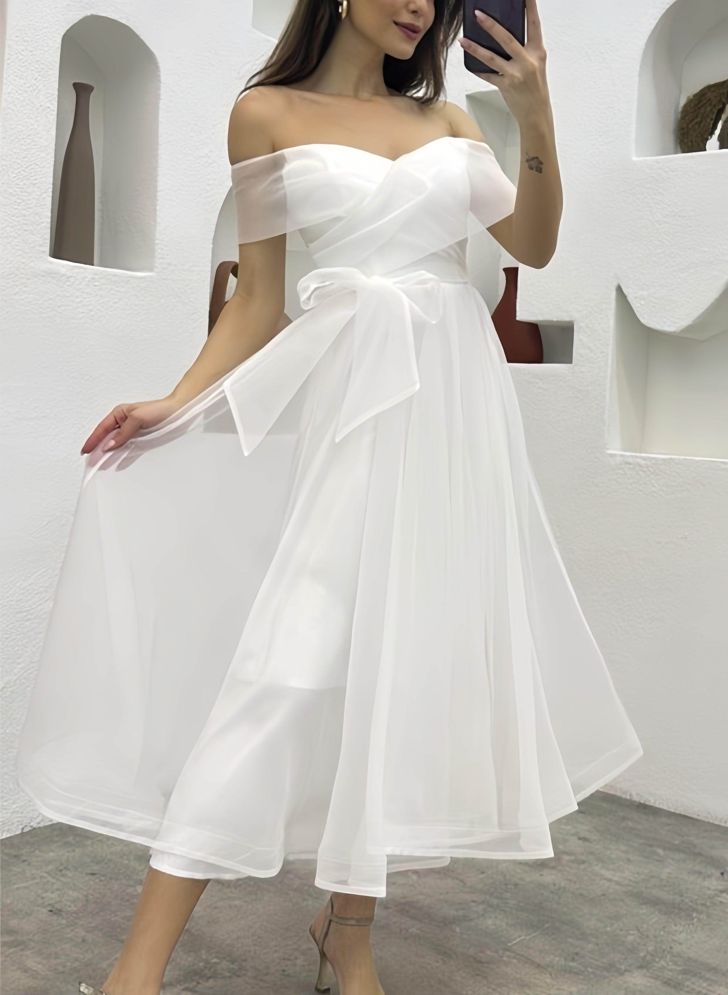 Off The Shoulder Tulle Tea-Length Little White Dress CW3380 - COCOMELODY