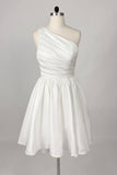 One Shoulder Satin Knee-Length Little White Dress CW3382