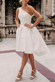 One Shoulder Satin Knee-Length Little White Dress CW3382 - COCOMELODY