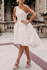 One Shoulder Satin Knee-Length Little White Dress CW3382 - COCOMELODY
