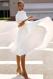 Short Sleeve Satin Tea-Length Little White Dress CW3384 - COCOMELODY