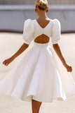 Short Sleeve Satin Tea-Length Little White Dress CW3384 - COCOMELODY