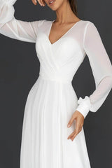 Long Sleeve Chiffon Tea-Length Little White Dress CW3385 - COCOMELODY