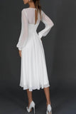 Long Sleeve Chiffon Tea-Length Little White Dress CW3385 - COCOMELODY