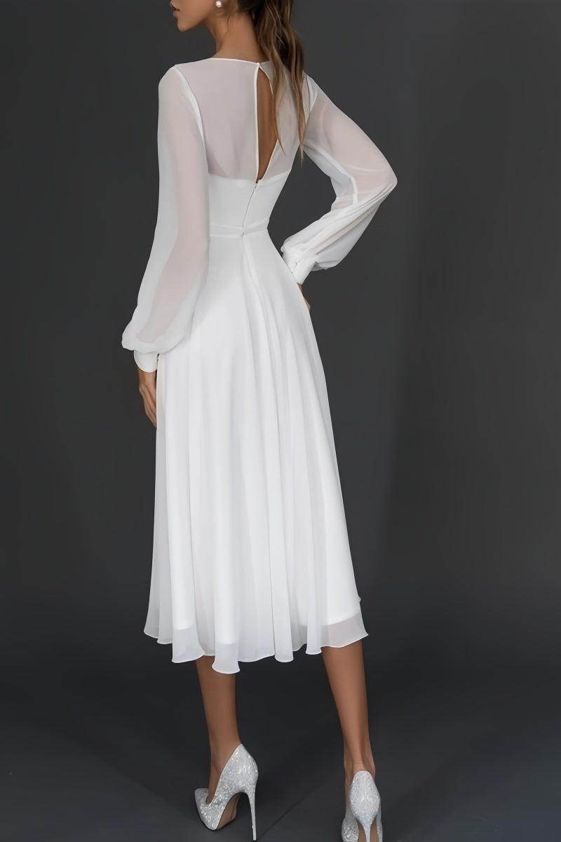 Long Sleeve Chiffon Tea-Length Little White Dress CW3385 - COCOMELODY