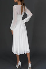 Long Sleeve Chiffon Tea-Length Little White Dress CW3385 - COCOMELODY