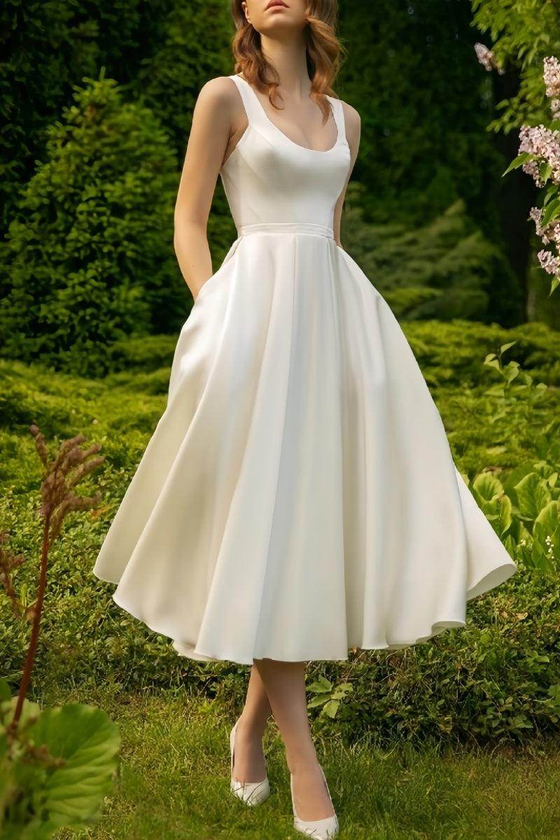 Scoop Ankle-Length Little White Dress with Pockets CW3386 - COCOMELODY