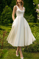 Scoop Ankle-Length Little White Dress with Pockets CW3386 - COCOMELODY