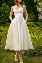 Scoop Ankle-Length Little White Dress with Pockets CW3386 - COCOMELODY