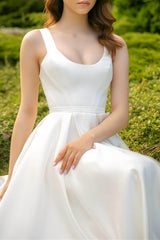 Scoop Ankle-Length Little White Dress with Pockets CW3386 - COCOMELODY