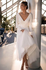 Long Sleeve Beaded Ankle-Length Little White Dress CW3389 - COCOMELODY