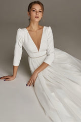 A-Line V-Neck Beaded Satin Tulle Ankle-Length Dress CW3391 - COCOMELODY