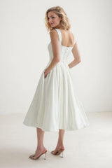 A-Line Tea Length Satin Wedding Dress CW3406 - COCOMELODY