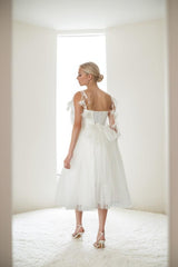 A-Line Tea Length Glitter Tulle Wedding Dress CW3410 - COCOMELODY