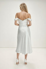 A-Line Tea Length Satin Wedding Dress CW3420 - COCOMELODY