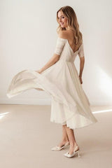 A-Line Tea Length Lace Chiffon Wedding Dress CW3431 - COCOMELODY