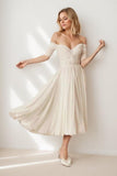 A-Line Tea Length Lace Chiffon Wedding Dress CW3431 - COCOMELODY