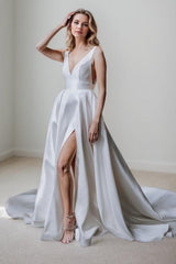 A-Line Court Train Satin Wedding Dress CW3462 - COCOMELODY
