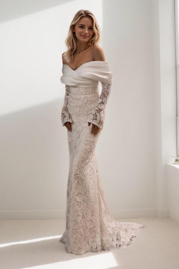 A-Line Sweep-Brush Train Lace Satin Wedding Dress CW3468 - COCOMELODY