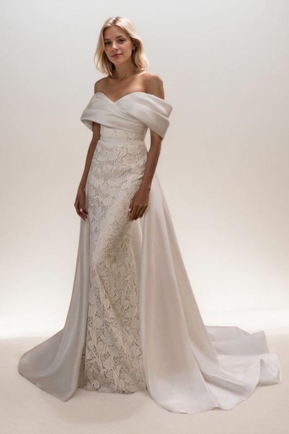 A-Line Sweep-Brush Train Lace Satin Wedding Dress CW3468 - COCOMELODY