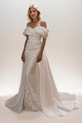 A-Line Sweep-Brush Train Lace Satin Wedding Dress CW3468 - COCOMELODY