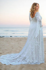 A-Line Sweep-Brush Train Lace Wedding Dress CW3487 - COCOMELODY