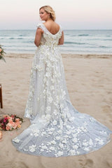 A-Line Sweep-Brush Train Lace Tulle Wedding Dress CW3492 - COCOMELODY