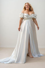 A-Line Court Train Satin Wedding Dress CW3494 - COCOMELODY