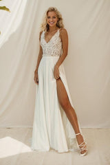 A-Line Sweep-Brush Train Lace Chiffon Wedding Dress CW3514 - COCOMELODY