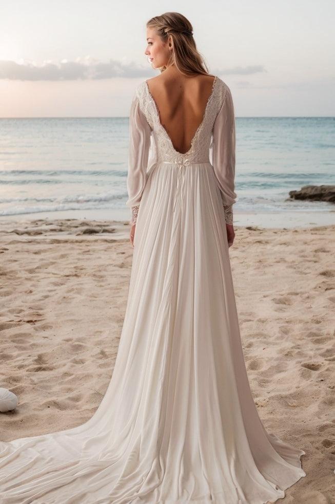A-Line Sweep-Brush Train Lace Chiffon Wedding Dress CW3521 - COCOMELODY