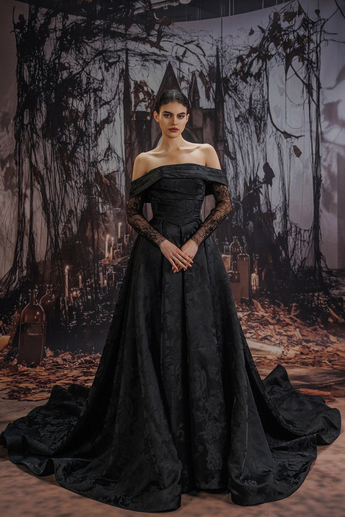 A-Line Court Train Jacquard Satin Lace Wedding Dress CW3526 - COCOMELODY
