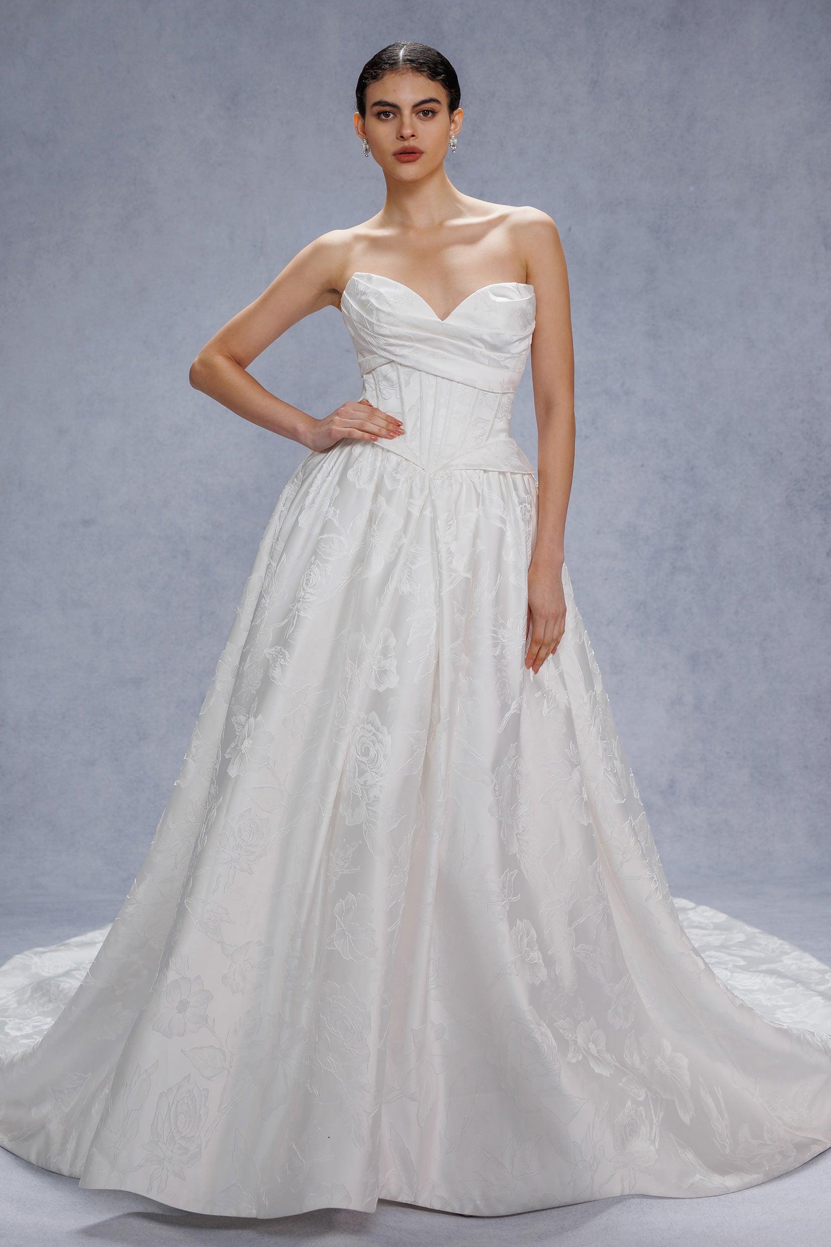 Ball Gown Court Train Jacquard Satin Wedding Dress CW3531 - COCOMELODY