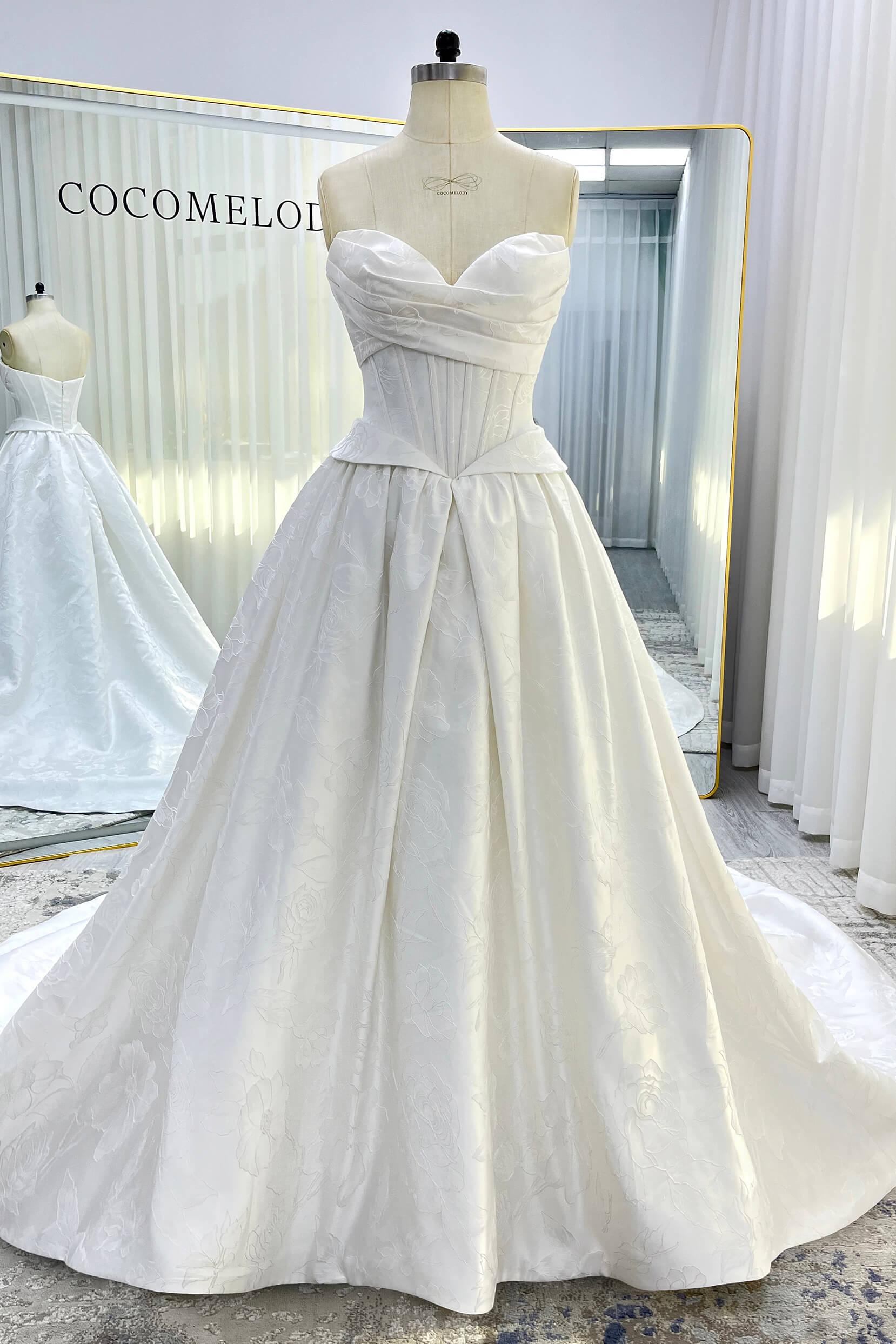 Ball Gown Court Train Jacquard Satin Wedding Dress CW3531 - COCOMELODY