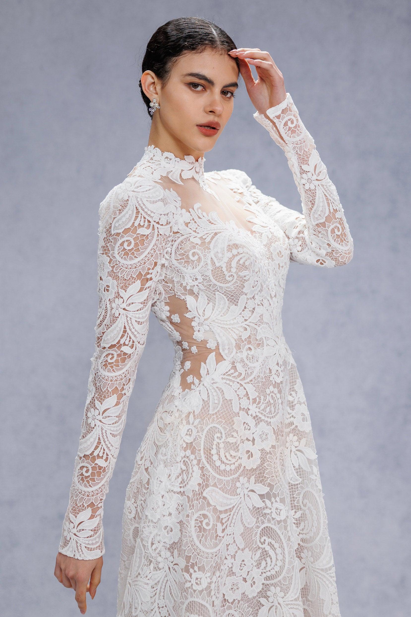 A-Line Court Train Lace Tulle Wedding Dress CW3538 - COCOMELODY