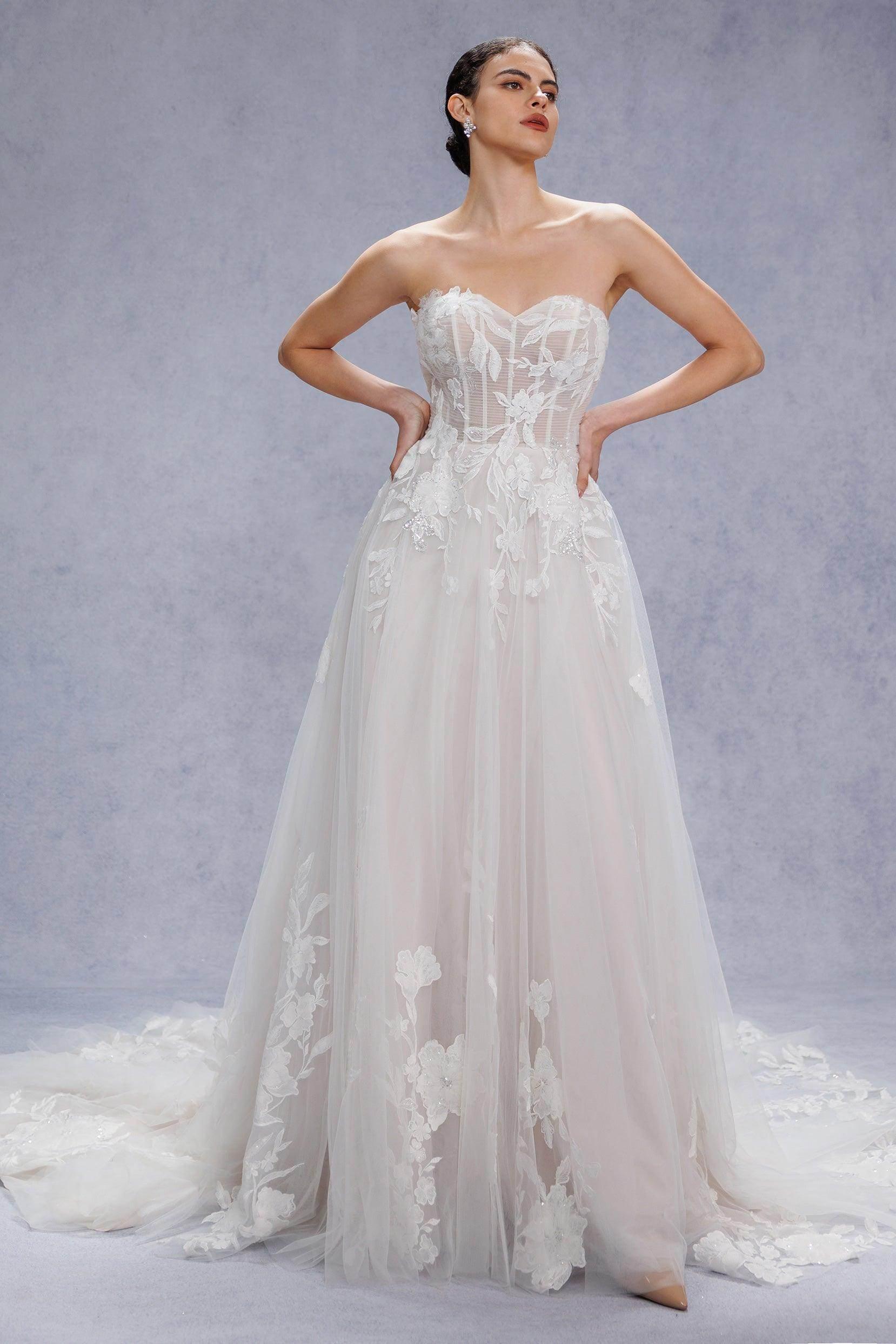 A-Line Court Train Lace Tulle Wedding Dress CW3539CR - COCOMELODY