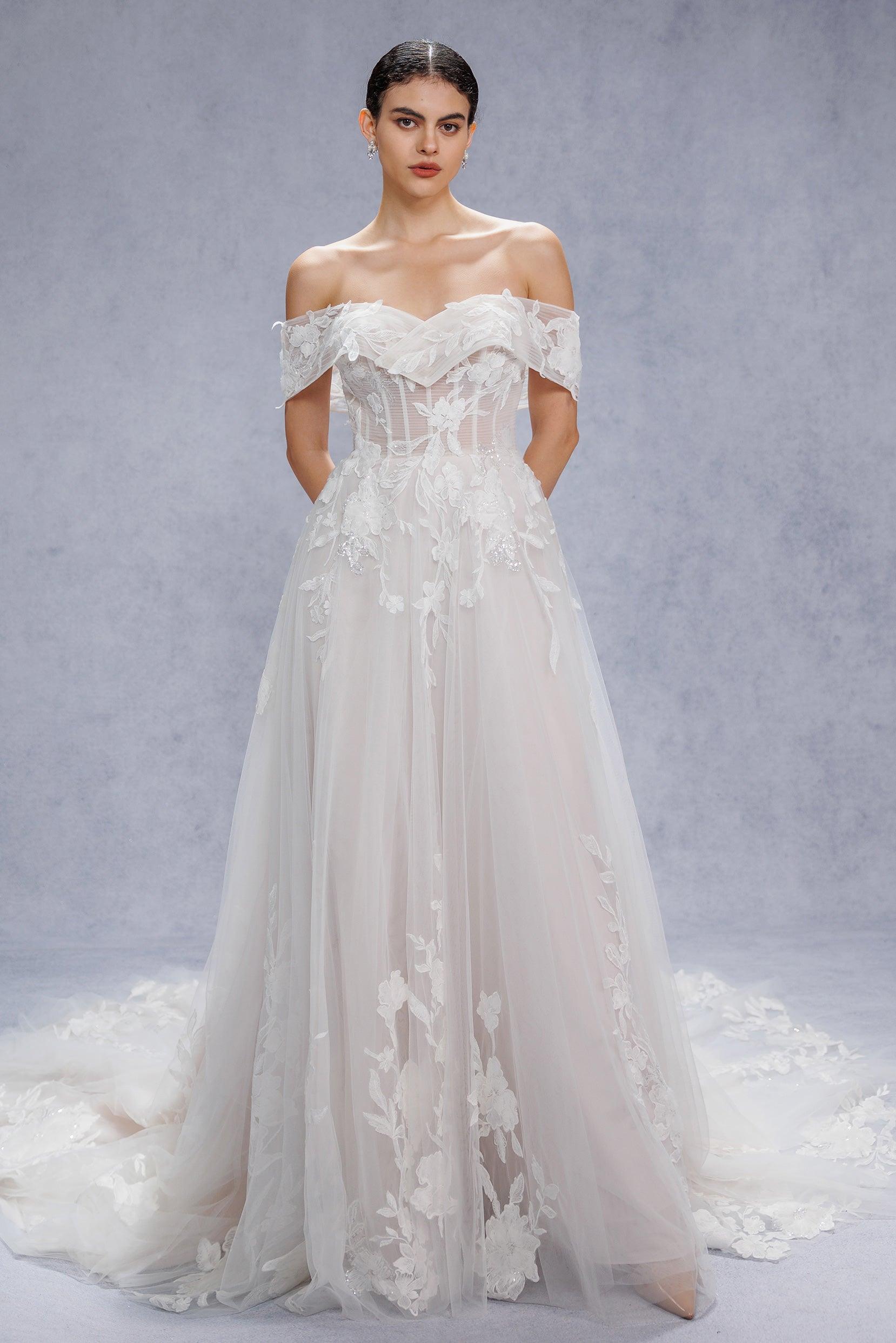 A-Line Court Train Lace Tulle Wedding Dress CW3539 - COCOMELODY