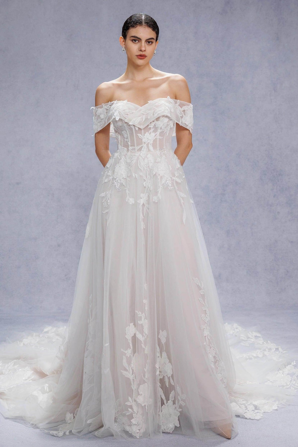 A-Line Court Train Lace Tulle Wedding Dress CW3539CR - COCOMELODY