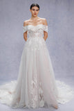 A-Line Court Train Lace Tulle Wedding Dress CW3539CR - COCOMELODY