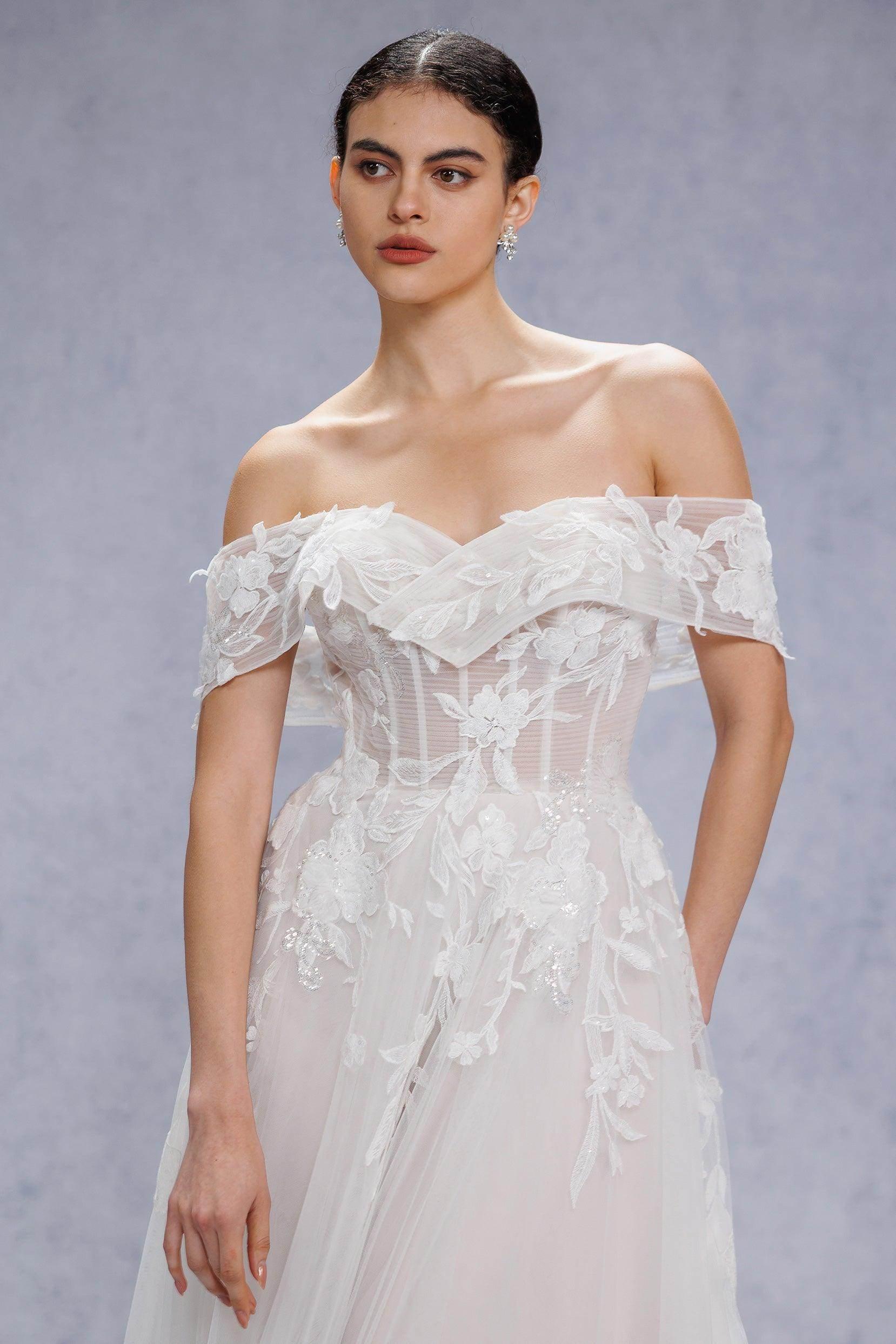 A-Line Court Train Lace Tulle Wedding Dress CW3539CR - COCOMELODY