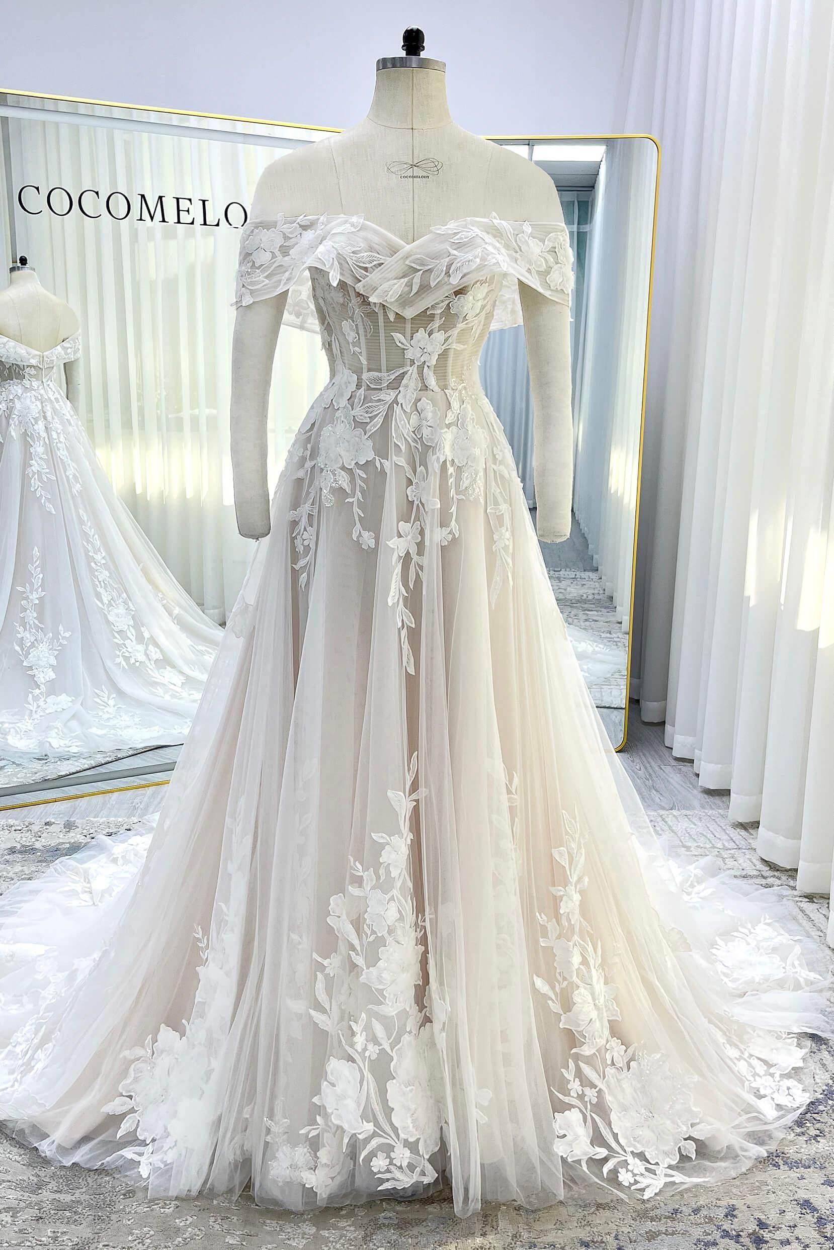 A-Line Court Train Lace Tulle Wedding Dress CW3539CR - COCOMELODY