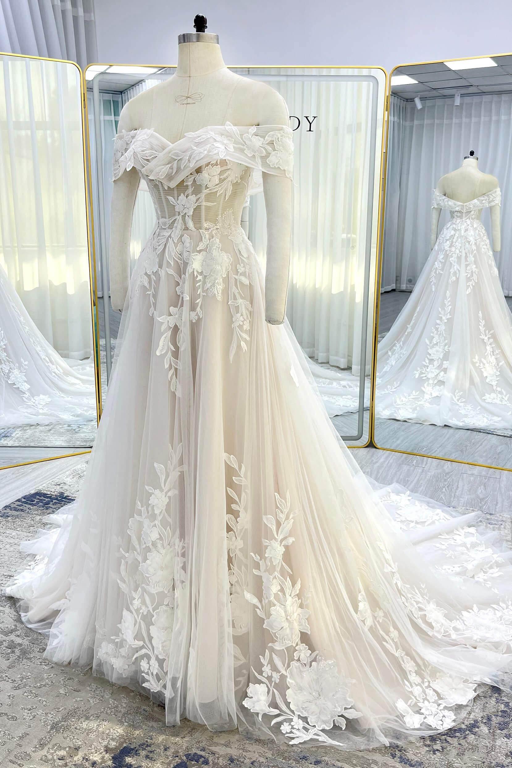 A-Line Court Train Lace Tulle Wedding Dress CW3539CR - COCOMELODY