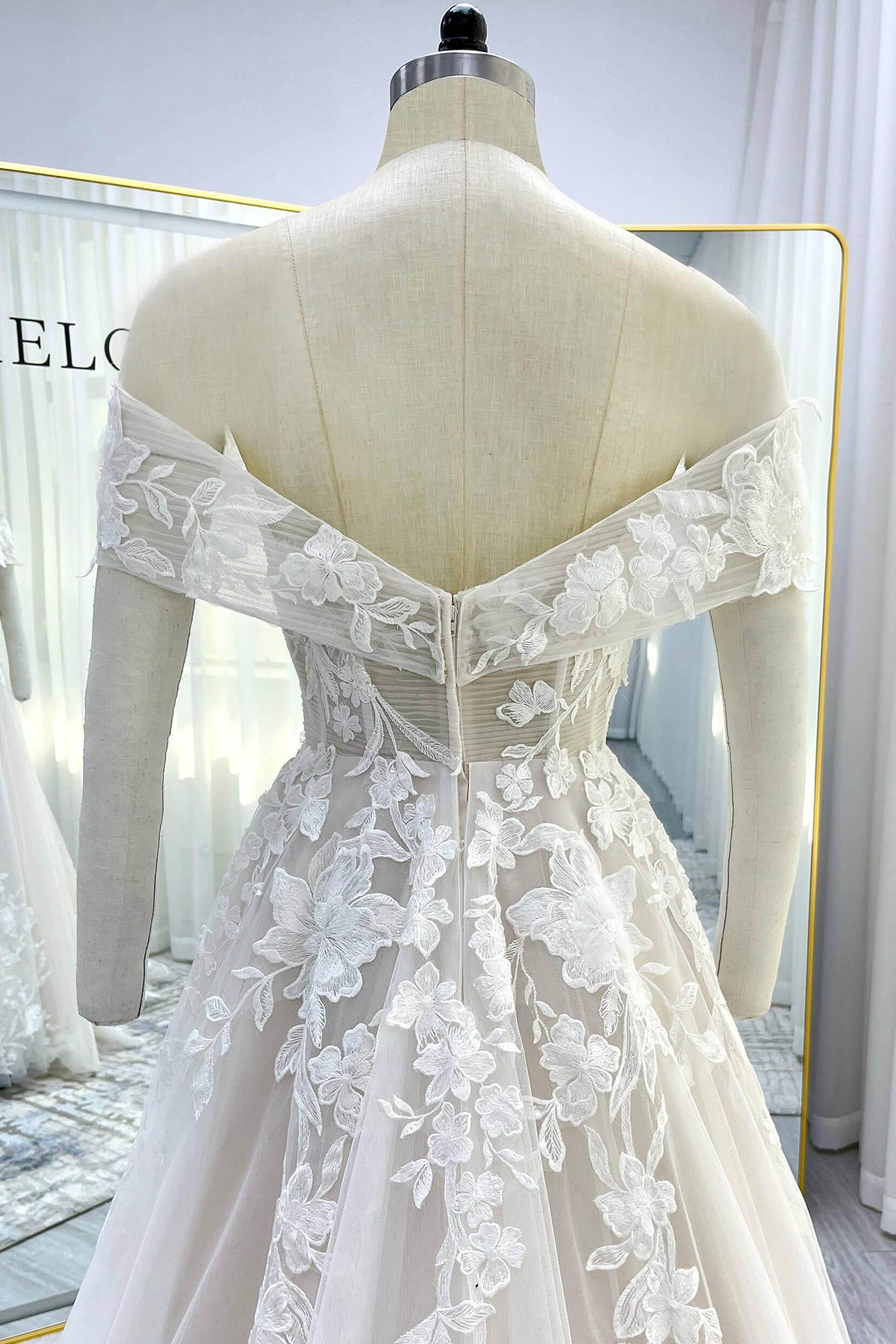 A-Line Court Train Lace Tulle Wedding Dress CW3539CR - COCOMELODY
