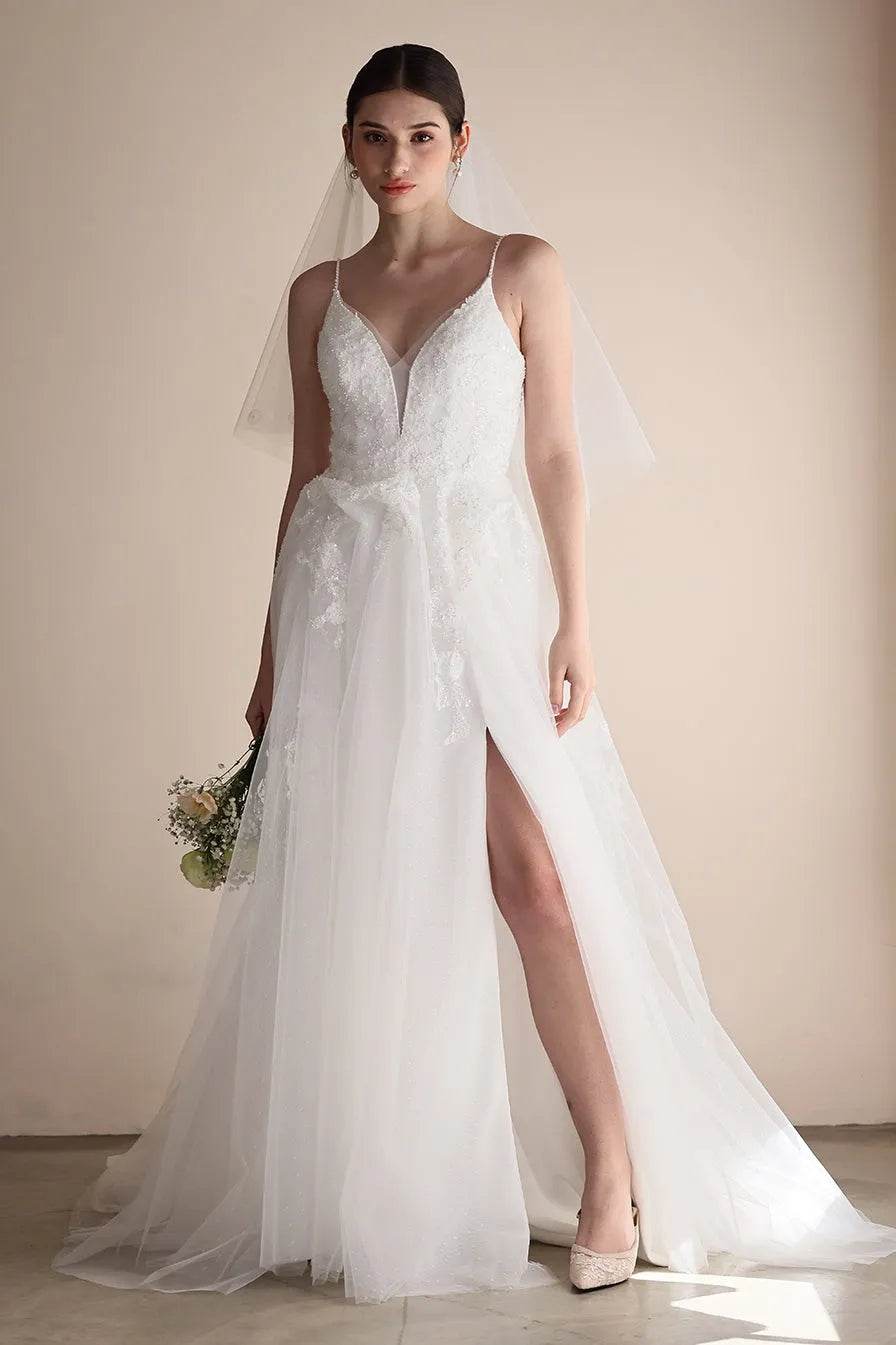 A-Line Sweep-Brush Train Lace Tulle Wedding Dress CW3547 - COCOMELODY