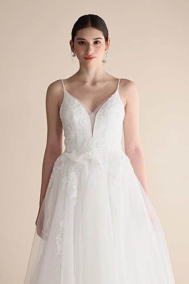 A-Line Sweep-Brush Train Lace Tulle Wedding Dress CW3547 - COCOMELODY