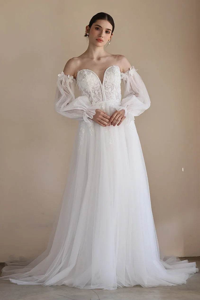 A-Line Sweep-Brush Train Lace Tulle Wedding Dress CW3548 - COCOMELODY