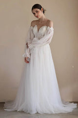 A-Line Sweep-Brush Train Lace Tulle Wedding Dress CW3548 - COCOMELODY